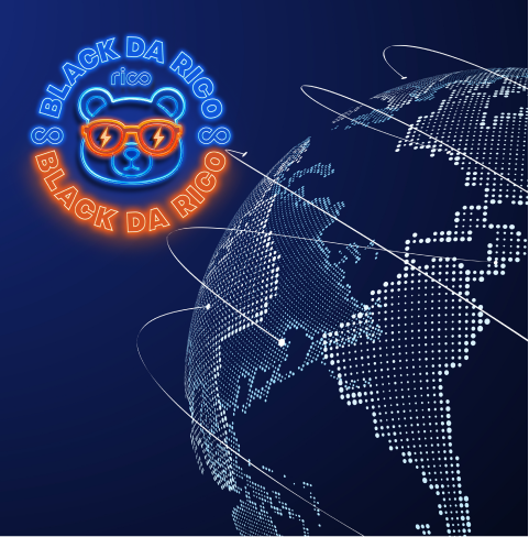Banner Black da Rico com logotipo em neon à esquerda. Ao centro, globo terrestre estilizado em tons metálicos sobre fundo escuro com elementos digitais.